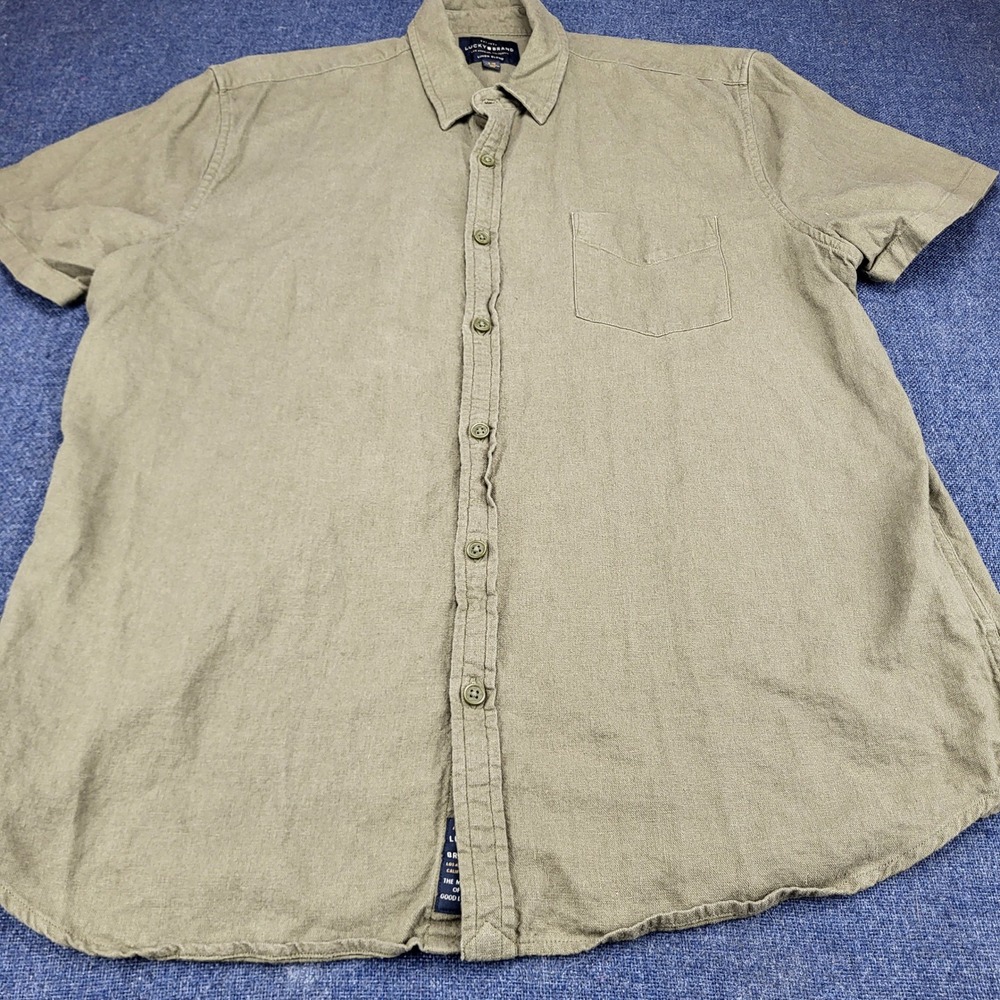 Lucky Brand Mens Large Olive Green Linen Blend Short Sleeve Button Down Shirt